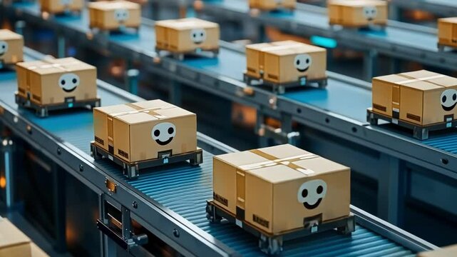 A perspective view of a robotic sorting mechanism categorizing packages based on size and weight showcasing the efficiency and speed of automated handling in a busy distribution center.