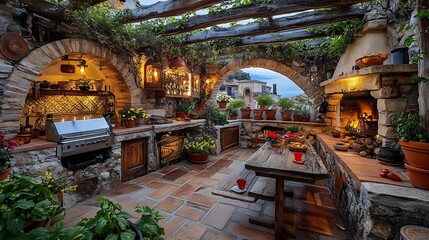 "Serene Mediterranean Outdoor Oasis with Lush Greenery, Elegant Furniture, and Stunning Ocean Views, Perfect for Relaxation and Enjoying the Breeze"