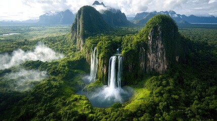 Naklejka premium Lush jungle waterfall, mountainous landscape, aerial view, travel destination