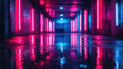 Neon Corridor Reflections: A vibrant, futuristic hallway illuminated by pink and blue neon lights, reflected in the wet floor. The scene evokes a sense of mystery and cyberpunk aesthetics.