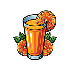 A vector illustration of a glass filled with freshly squeezed orange juice, showing the vibrant orange color, the condensation on the glass, and a few orange slices on the rim.