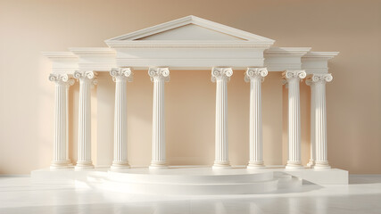 Obraz premium modern big podium with Roman columns and with plexiglass frosted elements and background beige colors. Generative AI