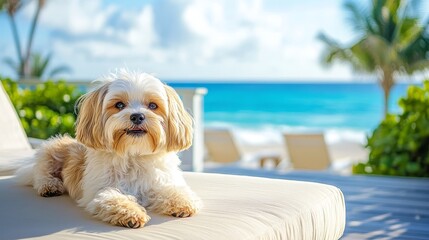 Playful Havanese Enjoying Ocean Views at Beachside Rental Under Sunlit Skies