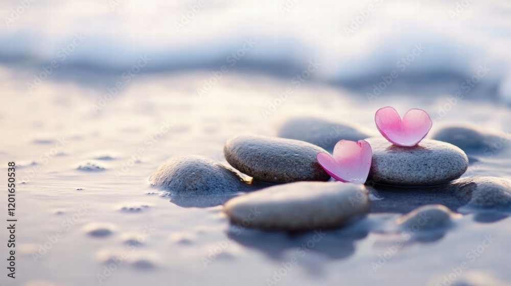 Poster smooth beach pebbles with gentle waves washing over colorful heart shaped stones at sunset. generati