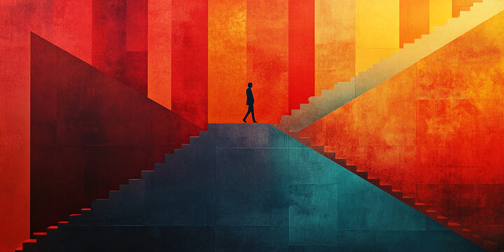 Unique abstract depiction of a lone figure walking on stairs in vibrant colors representing choices and paths in life