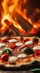 Selbstklebende Fototapeten Freshly baked pizza topped with mozzarella and basil near a roaring wood-fired oven in a cozy pizzeria © irina