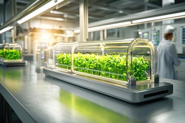 Bioengineered organism in a laboratory environment illuminated by modern technology