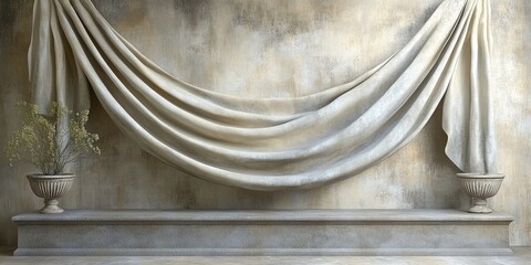 Naklejka premium Draped fabric backdrop, stone niche, plants, classical setting. Ideal for product display