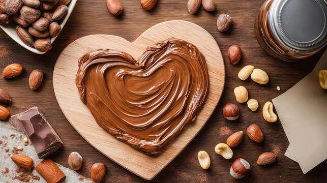 A creative flat lay of Nutella spread forming a heart shape on a wooden board, surrounded by scattered nuts, cocoa beans, and a jar of Nutella nearby, beautifully capturing a love for chocolate