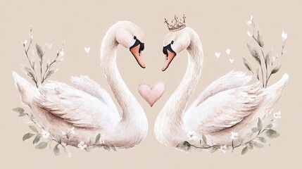 Adorable swan trio adorned with a dainty heart and regal crown, creating a charming and whimsical design. 