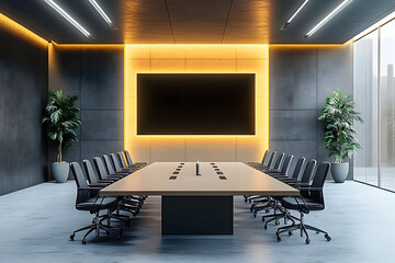 Fototapeta premium Modern conference room interior with sleek furniture, large table, and backlit presentation screen in a spacious and stylish design. 3D Rendering
