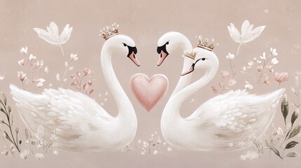 Adorable swan trio adorned with a dainty heart and regal crown, creating a charming and whimsical design. 