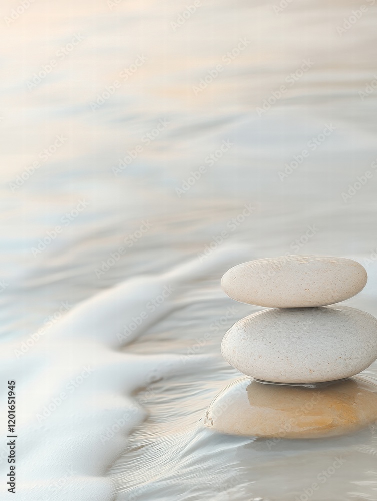 Aufkleber close up of smooth beach pebbles gently washed by tranquil waves at sunset on a serene shoreline. ge