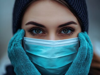 Woman with blue eyes wearing a face mask and gloves while looking directly at the camera in a cold outdoor setting during winter