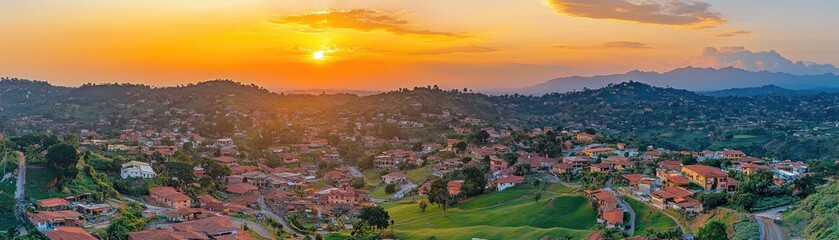 Obraz premium Hilltop village sunset, scenic landscape. Travel photo