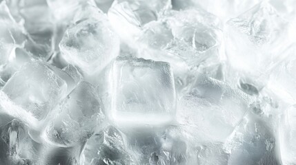 Clear ice cubes piled together shining brightly in a cool setting