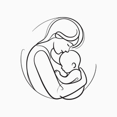Child and mom love Happy Mother's Day silhouette line art illustration Hand drawing