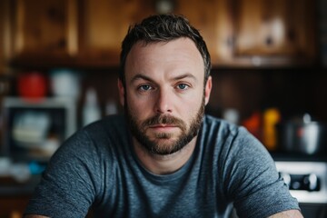 Obraz premium Man with beard sits in kitchen while looking directly at the camera, conveying a thoughtful expression and a cozy atmosphere