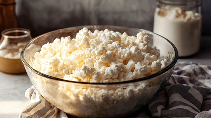 A large bowl of fluffy popcorn and a kitchen towel on a table