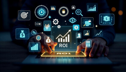 Businessperson working on laptop with digital growth icons overlay