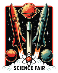 A retro, brightly colored science fair poster with a rocket launching towards a vibrant galaxy filled with planets.