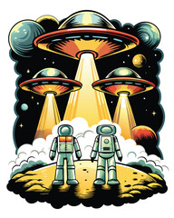 A vintage science fiction movie poster featuring a spaceship soaring through a starry sky. © makyas