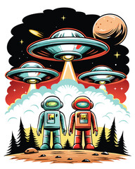 Design a vintage science fiction movie poster with a spaceship flying through a retro-futuristic cityscape, with glowing neon lights and a dramatic, stylized . © makyas