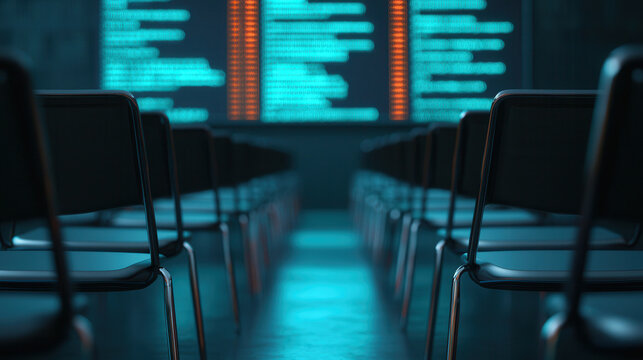 Futuristic classroom with digital screens and empty chairs, creating tech savvy atmosphere