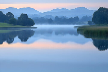 Fototapeta premium Serene Lake at Sunrise with Misty Hills and Tranquil Reflections