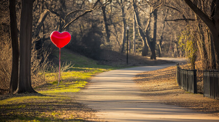 A scenic view of a park trail with a heart-shaped balloon floating in the air, accompanied by the text "National Heart Healthy Month" in elegant script, promoting wellness and love for a healthy heart