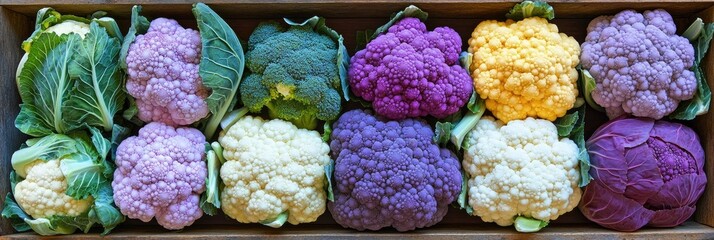 Colorful cauliflower harvest in wooden crate.  Farmers market display