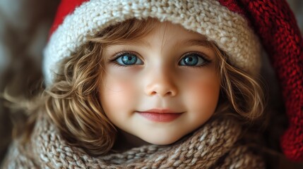 Smiling child with blue eyes in cozy winter attire wearing a red and white hat during the festive holiday season