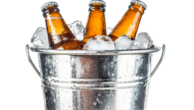 Three Beer Bottles in Metal Ice Bucket Cold Drinks Refreshing Summer bar pub fun wet cool life party