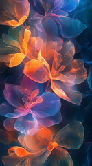 Shining abstract orange and blue floral arrangement with shining petals in bright rainbow tones, wallpaper for phone