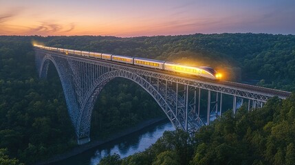 High-Speed Train Crossing a Majestic Bridge at Sunset with Lush Green Forests