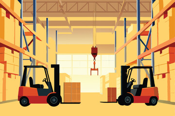 A wide shot of a large warehouse interior, showing rows of stacked pallets filled with boxes, illuminating the space with a soft, industrial light.