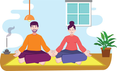 Couple Yoga Training Illustration with Meditation at Home A couple practicing yoga poses in a serene home environment, surrounded by plants and calming decor.