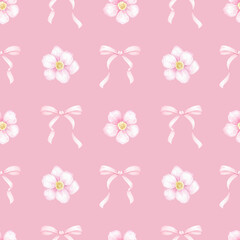 flowers, bow. Watercolor seamless pattern for textile and wrapping paper. Cute spring illustration for Valentine's Day, Mother's Day, Birthday