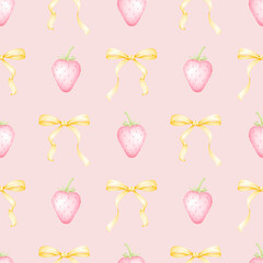 strawberry, bow. Watercolor seamless pattern in pastel colors for textile and wrapping paper. Cute illustration of food and festive ribbons for mother's day, valentine's day, birthday