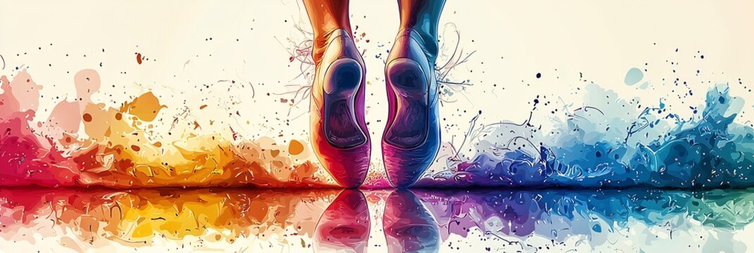 Abstract vector art vibrant colors depicting a dancer using toe pads and gel cushions with pointe shoes in the background