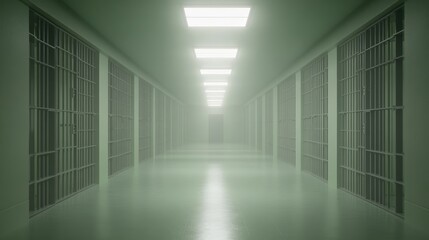 Eerie Underground Prison Wing with Flickering Lights and Heavy Cell Doors in Misty Corridors - 3D Render Illustration