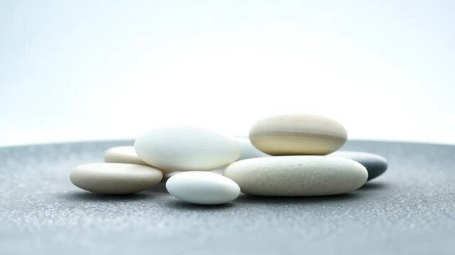 360-degree video, high key lighting, minimalist arrangement of balanced white stones on a light grey surface, bright, airy, peaceful