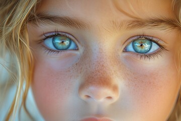 Porträt eines Kindes mit Sommersprossen und strahlend blauen Augen