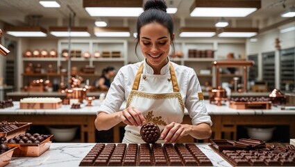 female master chef chocolatier working in artisanal professional chocolate laboratory