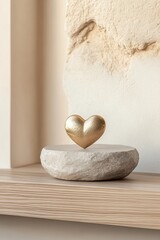 The setup showcases a blend of light oak and smooth gray stone, enhanced by a small brass heart atop. Ample cream background space offers a luxurious and natural feel