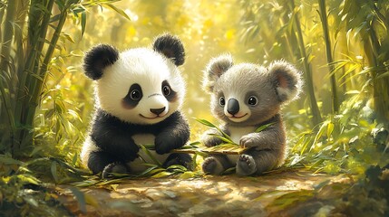 Fototapeta premium Irresistibly cute vector graphic featuring a chubby panda and a friendly koala sharing a bamboo picnic in a lush bamboo forest, white background ::2 bamboo feast, adorable friendship, peaceful 