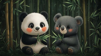 Fototapeta premium Irresistibly cute vector graphic featuring a chubby panda and a friendly koala sharing a bamboo picnic in a lush bamboo forest, white background ::2 bamboo feast, adorable friendship, peaceful 