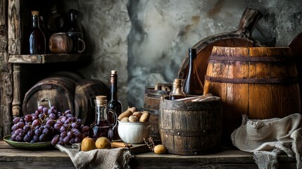 Fototapeta premium Rustic barrels and kitchenware in a vintage setting