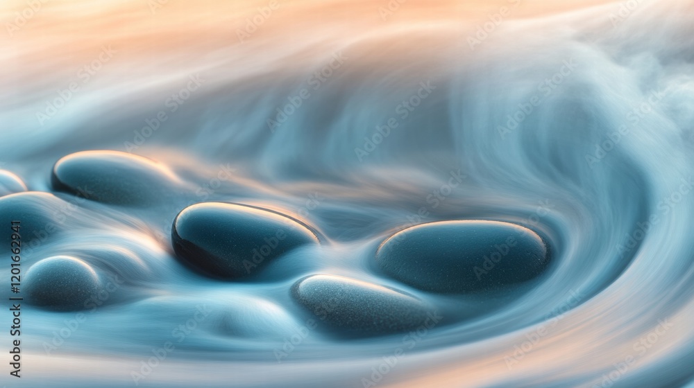 Poster close up view of smooth beach pebbles with gentle waves washing over them during sunset. generative 