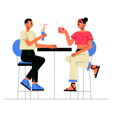 Couple Sitting At A Table With Drinks In Flat Vector Illustration Symbolizing Social Interaction, Romance, And Conversation, Isolated On White Background
